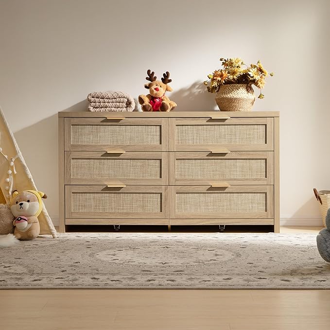 SICOATS Rattan Dressers for Bedroom Set 2, Large 6 Drawer Dresser | Long Chest of Drawers, Dresser Farmhouse TV Stand for Bedroom, Living Room, Nursery, Closet, Reclaimed Light Oak, 2 Pieces