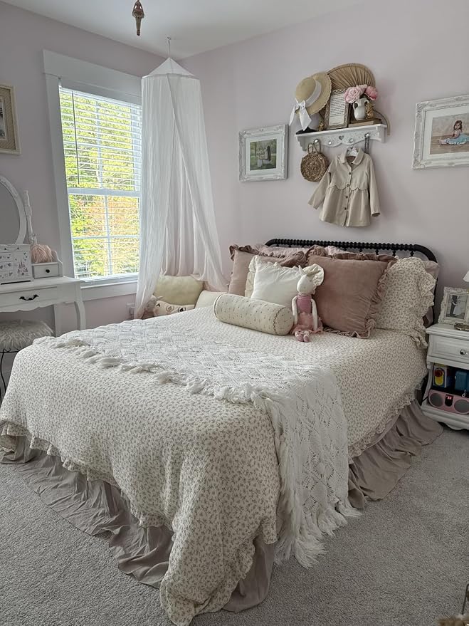 Muslin Duvet Cover for Queen Size Bed, Vintage Farmhouse Bedding Camellia Floral Quilt Cover with Ruffles, Soft Cotton Comforter Cover 90"x90", Zipper & Corner Ties, No Pillow