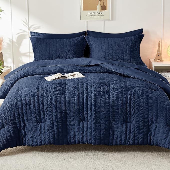 HYMOKEGE Navy Blue King Size Comforter Set Seersucker 7 Pieces, All Season Luxury Bed in a Bag for Bedroom, Bedding Set with Comforters, Sheets, Pillowcases & Shams