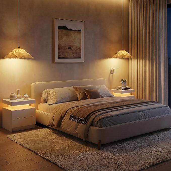 i-aplus LED Nightstand with Wood 2 Drawers Modern Bedside Table for Bedroom | Nightstands with App-Controlled RGB LED Lights, Night Stand with Storgae Drawer, Modern Bedside Table for Bedroom
