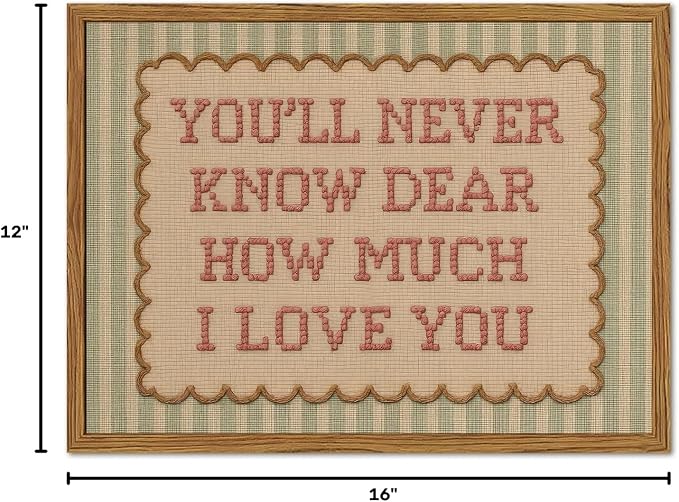 Framed You'll Never Know Dear How Much I Love You Wall Art, Vintage Nursery Pink Green Striped Pictures Wall Decor, Inspirational Quote Paintings Canvas Prints for Girl Bedroom Living Room 12x16 inch