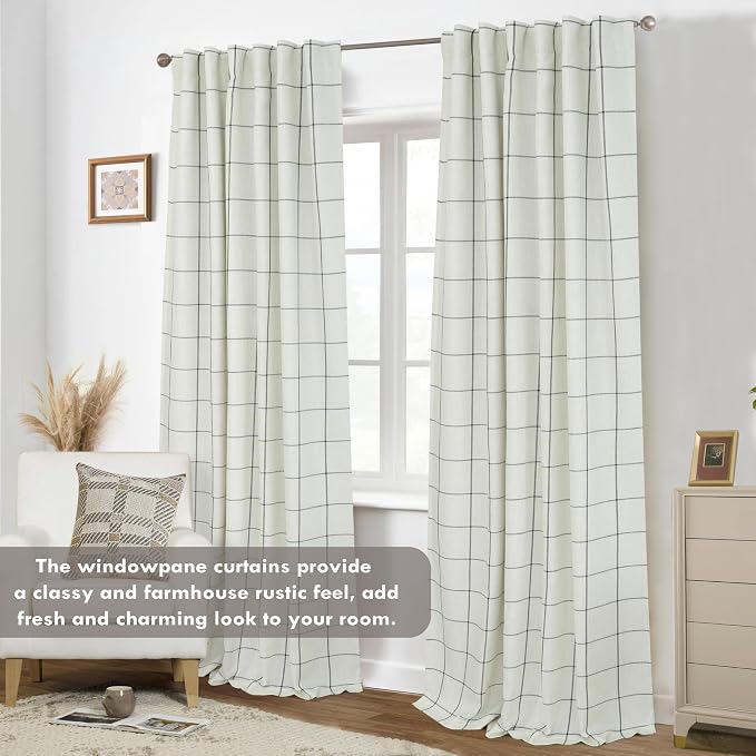 DriftAway 100% Blackout Plaid Linen Curtains 90 Inches Long 2 Panels Black | 100% Blackout, Linen Texture, Plaid Pattern, Two Layers, Rod Pocket & Back Tab, Bedroom Living Room Use, Luxury Appearance