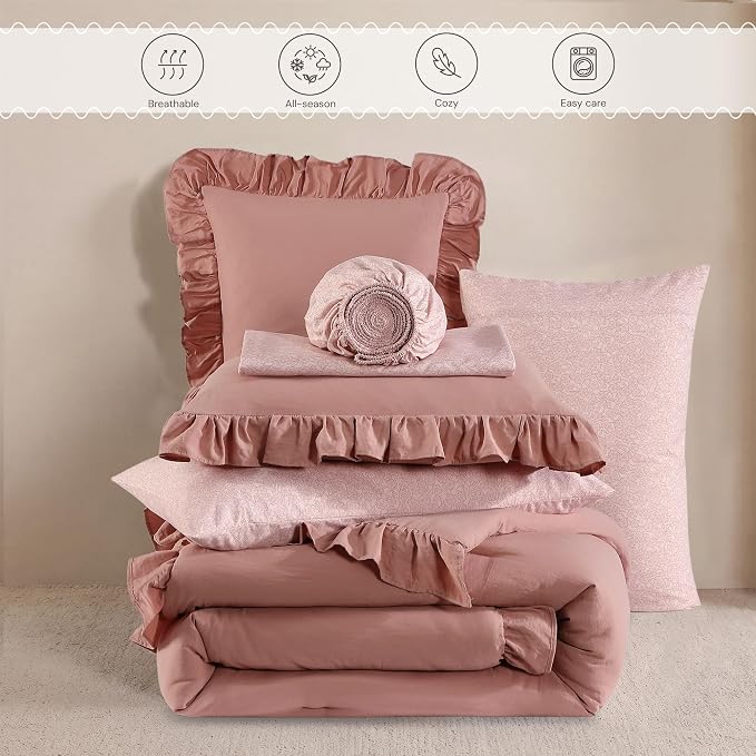 King Size Comforter Set-7 Pieces Ruffle Bedding Floral Sheet | Pink Lace Bed in a Bag, Soft Lightweight All Season Farmhouse King Size Bedding Sets with Floral Sheets, Pillowcases & Shams