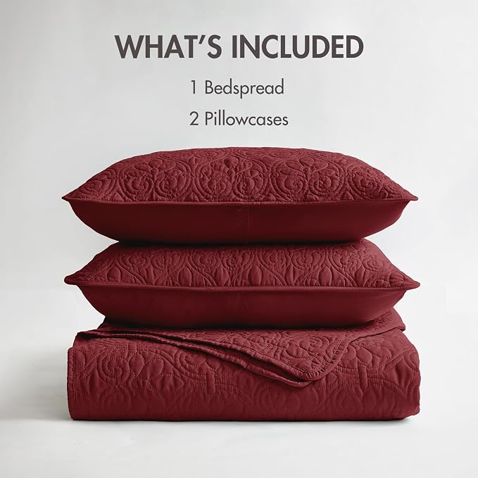 Madison Park Queen Quilt Bedding Set, Cottage-Inspired Damask, 3PC | All Season Quilted Coverlet, Classic Stitch Pattern Bedspread & Shams, Ultra Soft Microfiber Bedspread Set, Red