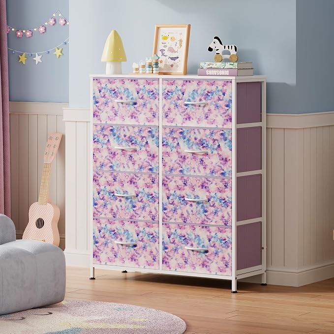 WLIVE 8 Drawer Fabric Dresser for Bedroom, Tall Storage Tower, Tie-dye | 8-drawer tall storage tower with fabric bins and wood tabletop, breathable non-woven, perfect for girls bedroom closet dorm