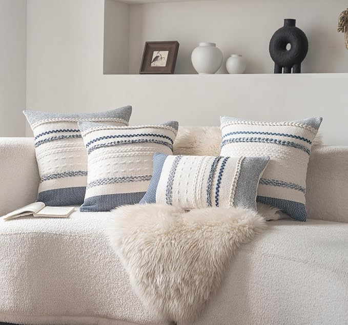 Cethom Boho Throw Pillow Covers 18x18 Inch Set of 2, Navy Blue Textured Decorative Couch Pillow Cases for Farmhouse Home Decor, Accent Cushion Cover for Sofa, Bed, Living Room, Bedroom