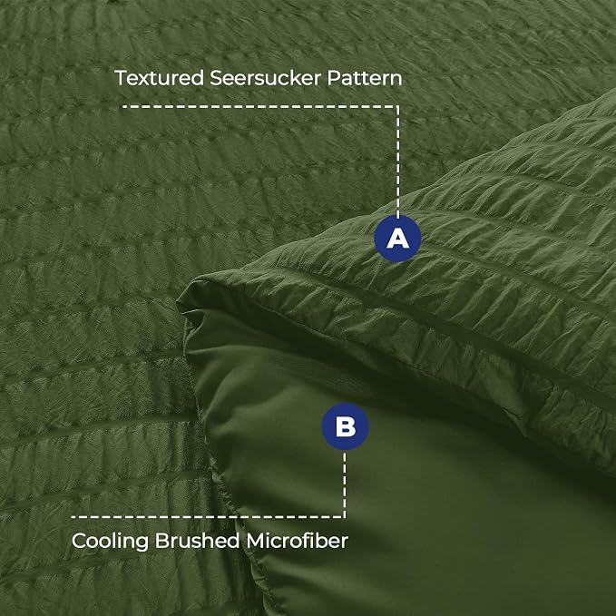 HYMOKEGE Olive Green Duvet Cover King Size, Ultra Soft 3-Piece Seersucker Duvet Cover Set with Zipper Closure, Soft Brushed Microfiber Bedding Set with 8 Corner Ties (104"x90", 2 Pillowshams)