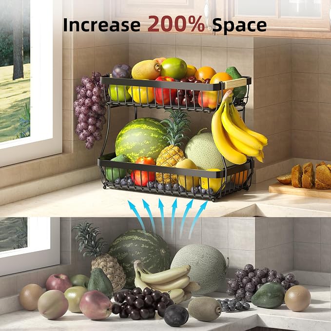 Sevenblue 2-Tier Fruit Basket with Banana Hangers, Detachable Metal Bowl | Wooden handle, protective mats included. Versatile holder for bread, snacks, and veggies. Extra Large 2 tier metal design.