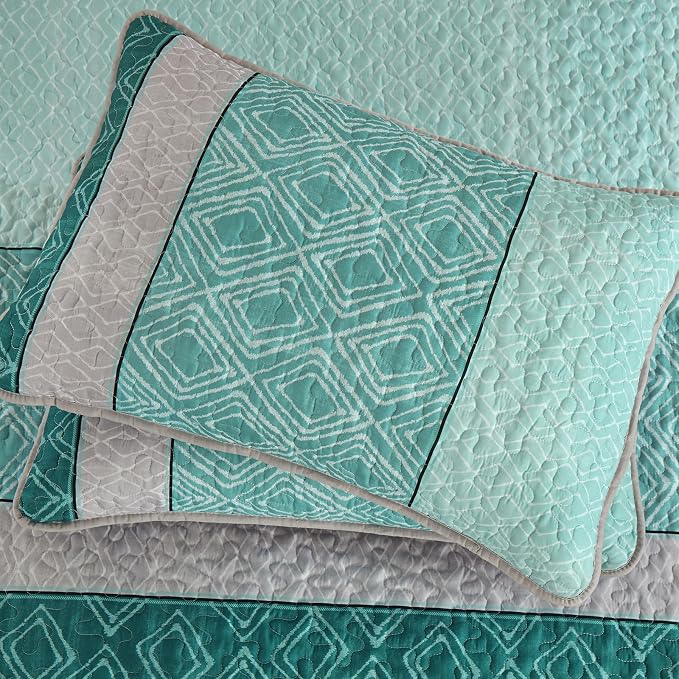 Cottolester Boho Quilt Set California King Size,Teal Blue Striped Bedspread | Soft Summer Lightweight Coverlets Set,Microfiber Patchwork Quilt Bedding Sets for All Seasons 110"x96"