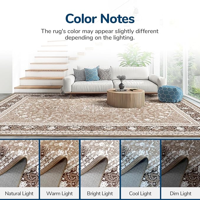 Washable Area Rug 5x7 for Living Room, Soft Bedroom Rug Brown White | Faux-Wool Carpets for Kitchen Dining Room Nursery Home Office, Boho Vintage Floral Non-Slip Low Pile Rug, Fit All Vacuums