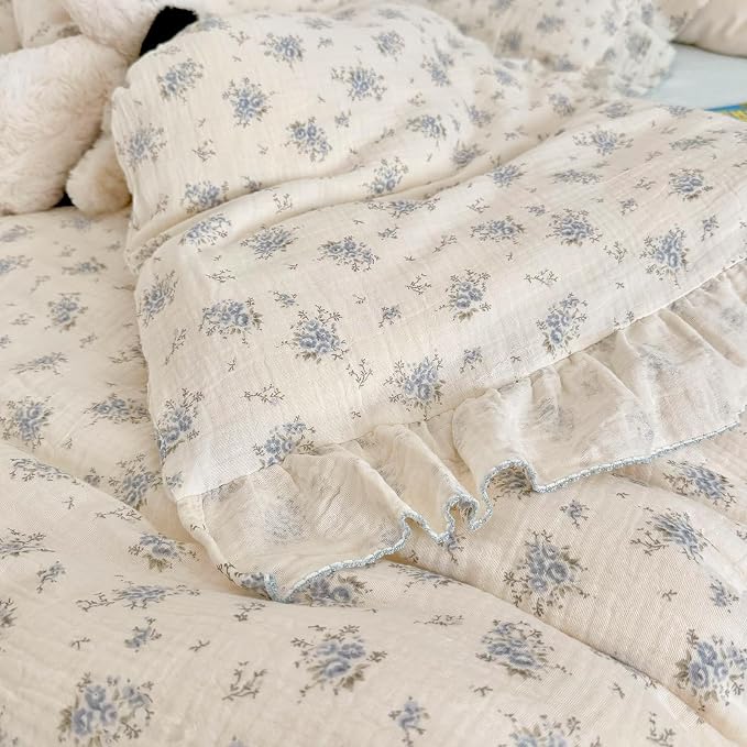 Blue Freesia Pattern Duvet Cover King, 2 Layers Cotton Muslin Quilt Cover with Zipper, Shabby Chic Ruffled Comforter Cover 90"x104" Floral Design Bedding, No Pillow, Machine Wash