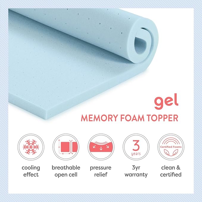 Best Price Mattress 3 Inch Ventilated Memory Foam Mattress Topper, Cooling Gel Infusion, CertiPUR-US Certified, Short Queen, Dorm Essentials, Blue