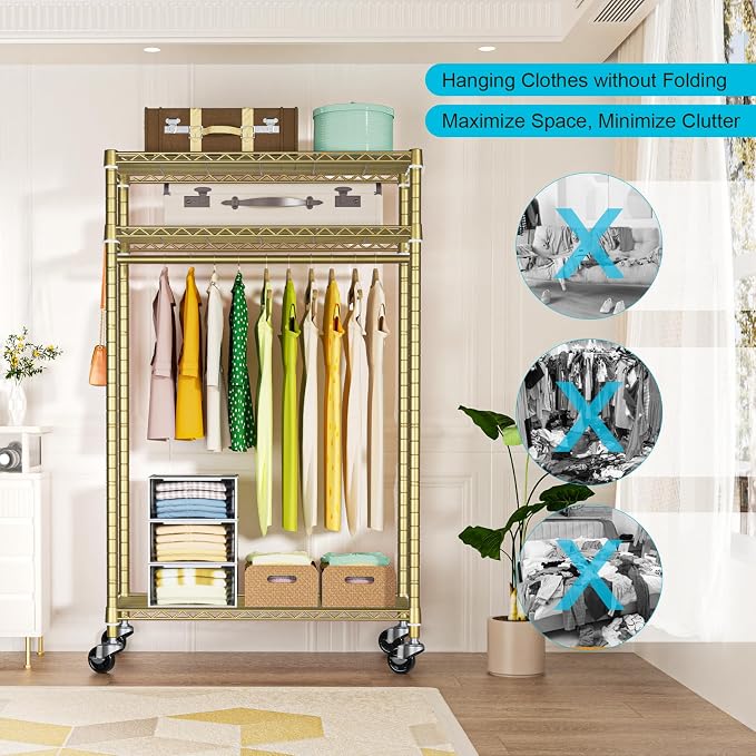 FUTASSI Rolling Clothes Rack, Clothing Racks for Hanging Clothes, Gold | P3 Heavy Duty Garment Rack with Wheels, Freestanding Portable Closet Racks 39.4'' W x 14'' D x 78.5'' H, Max Load 470 LBS