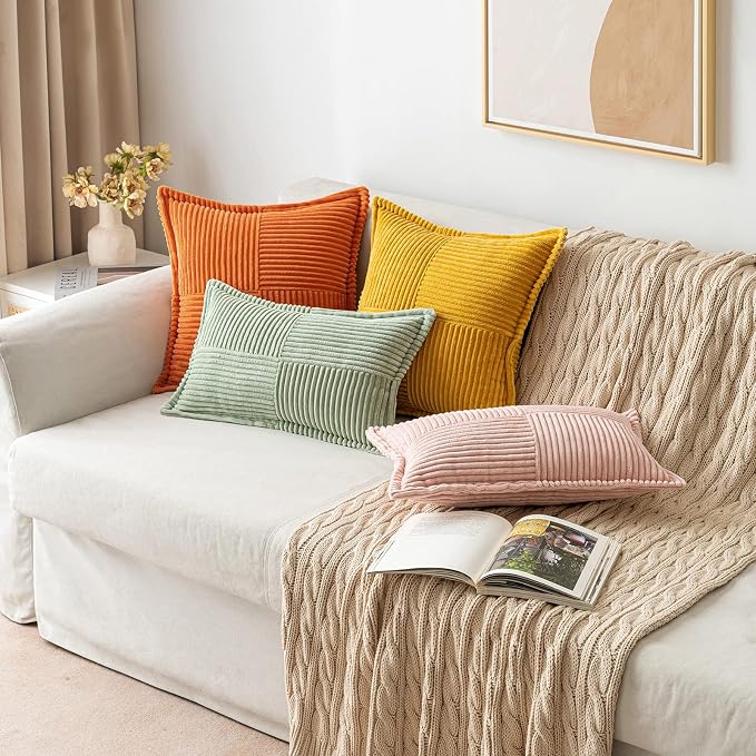 MIULEE Decorative Throw Pillow Covers for Couch 18x18 Inch Mustard Yellow | Boho Broadside Striped Patchwork Pillow Covers, Soft Corduroy Cushion Cases, For Sofa Bed Livingroom Home Decor