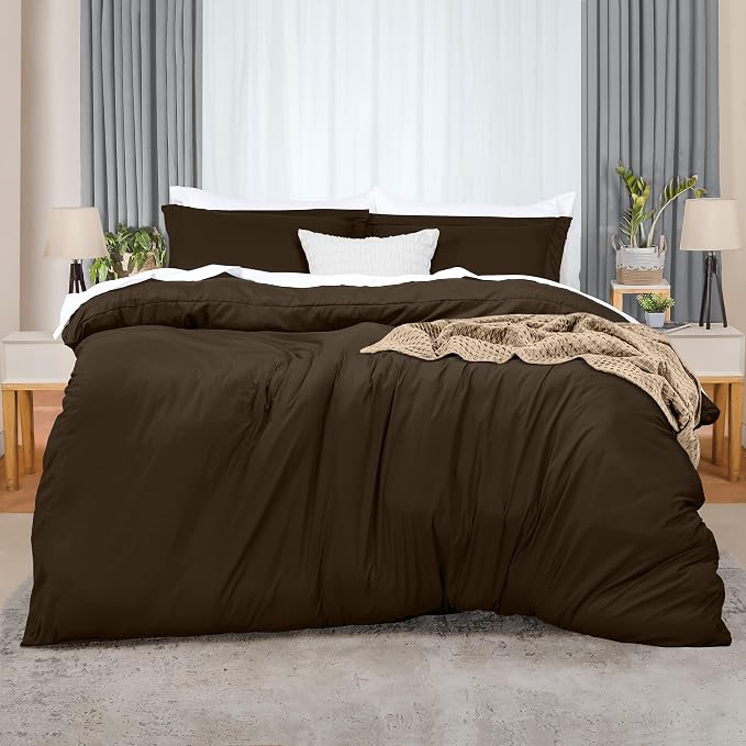 Duvet Cover Full, 3 Piece Cotton Like Polyester With Zipper Closure, Brown | Extra Soft and Breathable, Wrinkle & Fade Resistant, Includes Duvet Cover and 2 Pillow Shams, Comforter Not Included, OekoTex