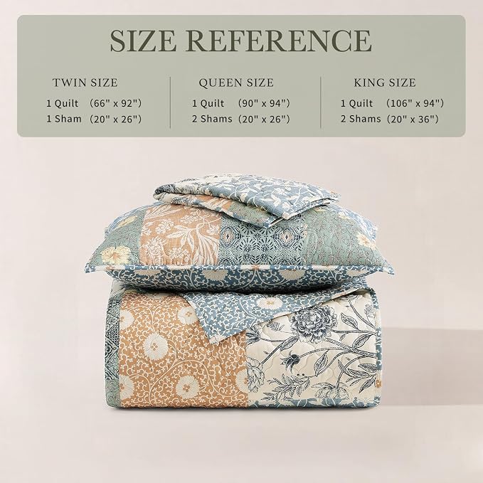 Twin Quilt Set-2 Pieces Soft Twin Bedspread Floral Patchwork Quilt | Lightweight Green Quilt, Reversible Vintage Floral Bedding Set, All Season Bed Coverlet with 1 Pillow Sham, 66"x92"