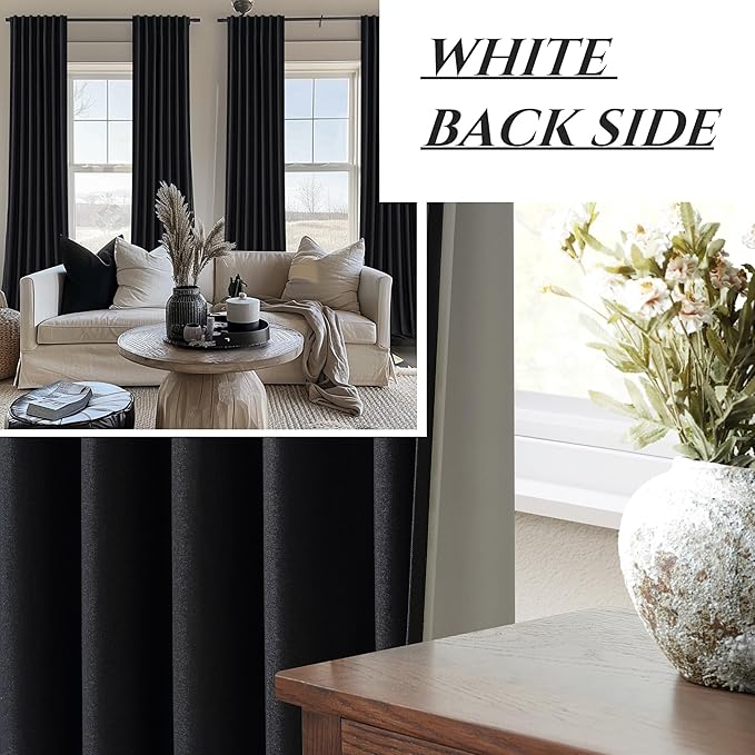 QJmydeco Black Out Kitchen Curtains 63 Inch Length 2 Panels Set, Modern Pleated Linen Blend Blackout Windows Curtain Back Tab Rod Pocket for Cafe/Cabin Thermal Insulated Heavy Drapes 50"W x 63"L Long