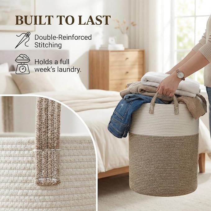 JMvicyroam 60L Cotton Rope Laundry Basket Hamper, Brown | Collapsible Laundry Basket, Reinforced Handles, Freestanding, Machine Washable, Holds 3-5 Thick Blankets, Clothes or Toys