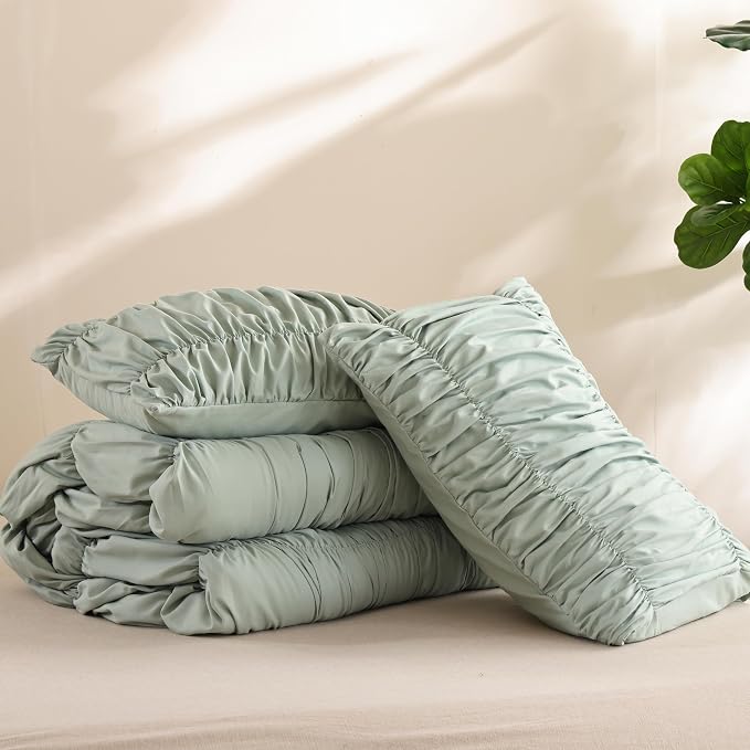 weigelia Sage Green Ruched Comforter Set Full Size, Cute Bedding Set | All Season, Soft Microfiber Comforter, Cozy Cinched Design for Home & Bedroom Decor (1 Comforter,2 Pillowcases)