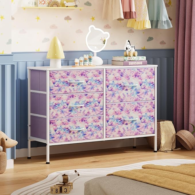 WLIVE 5 Drawer Fabric Dresser for Bedroom, Wide Storage Chest, Tie-dye | 5-drawer wide fabric dresser with steel frame, multipurpose bedroom living room hallway dorm closet storage organizer