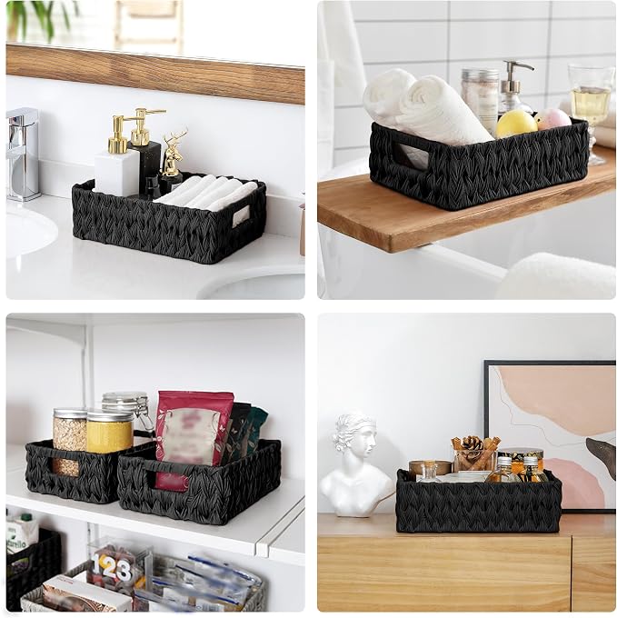 GRANNY SAYS Wicker Storage Baskets for Shelves, Black Wicker Basket, 2-Pack | Waterproof Woven Baskets for Storage, Decorative Basket, Wicker Baskets for Organizing, organizer Basket, Black Woven Basket