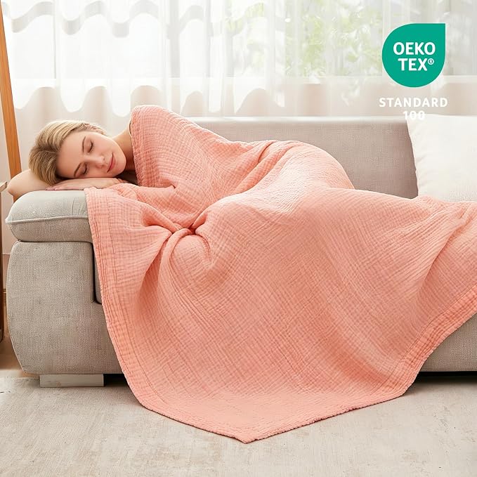 EMME Muslin Blankets for Adults Throw Blanket for Couch Breathable Gauze Soft Lightweight Airy Pink Throw 50" x 60"