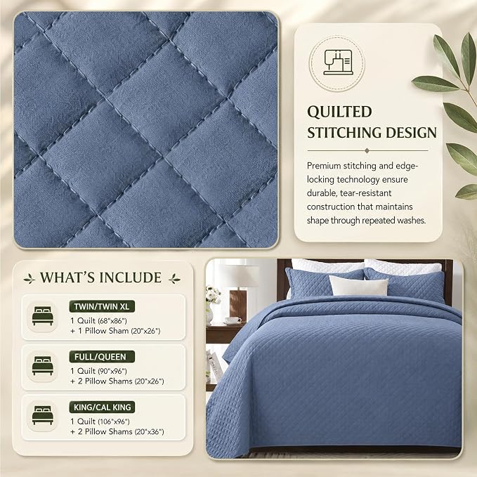 SunStyle Home Queen Quilt Bedding Set, Lightweight Summer Bedspreads,Blue | Soft Coverlet With 2 Pillow Shams,Morden Style Quilts for All Season, Suitable for Bed,Couch,Bedroom,Guest Room,90"X96"