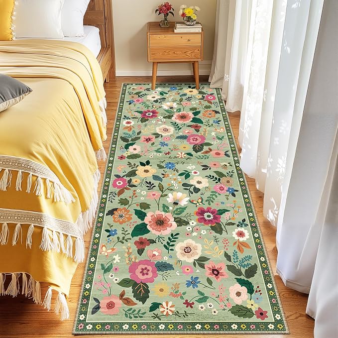 Floral Washable 2x10 Area Rugs Runner Entryway Hallway LightGreen | Flower Carpet, Print, Boho, Non-Slip, Easy to Clean, Low Pile, Soft, for Living Room Bedroom Kitchen Office Entrance