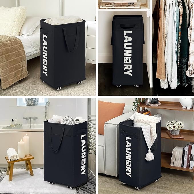 Goodpick 2-Pack Rolling Dirty Clothes Hamper with Wash Bag for Laundry, 75L | Large Black Laundry Basket with Wheels and Handles for Dorm Laundry Room, Rolling Laundry Basket