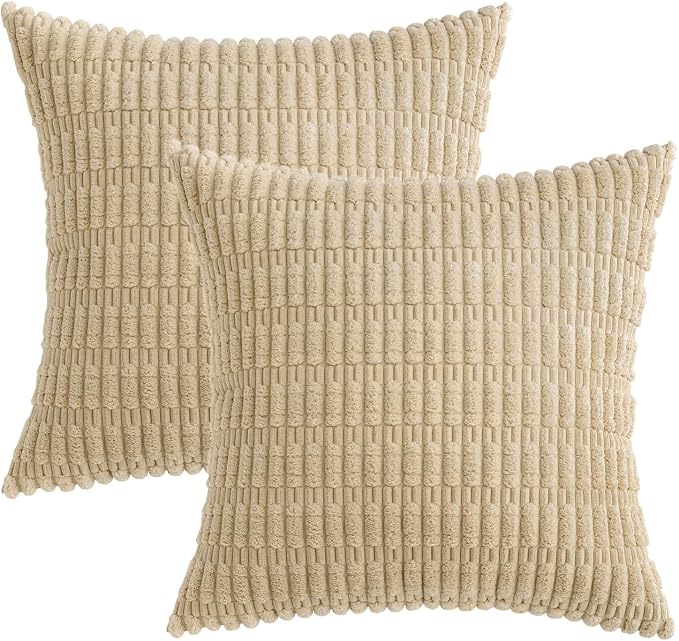 MIULEE Corduroy Decorative Throw Pillow Covers 18x18 Tan Pack of 2 | Soft Neutral Boho Striped Pillow Covers Modern Farmhouse Home Decor For Sofa Living Room Couch Bed