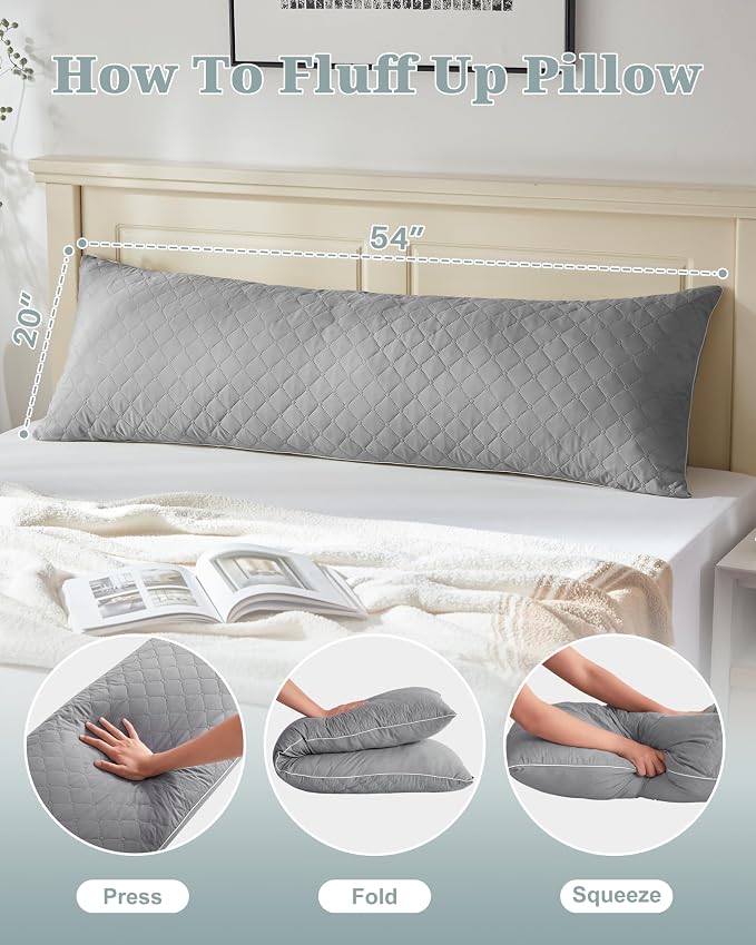 YZ HOME Long Body Pillow for Adults,Firm Body Pillow Shredded Memory Foam | Adjustable Height,Support for Side Sleeper & Pregnant Women(Grey,20x54 Inch)