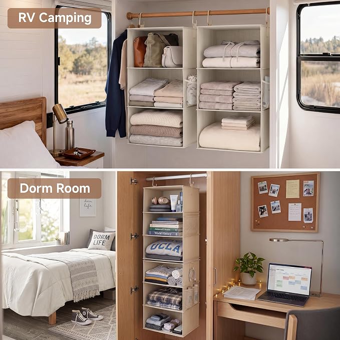 StorageWorks Hanging Closet Organizer, 6-Shelf with 2-in-1 Design, Ivory | Maximize Closet Space with Reinforced Shelves, Small Closet Storage Solution for Bedrooms, Dorms and RVs, Jumbo