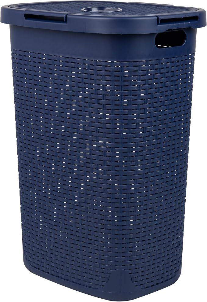 Mind Reader Slim Laundry Hamper with Lid, 60L Tall Clothes Basket, Narrow Tapered Design for Bathrooms, Closets and Laundry Rooms, Plastic, Navy