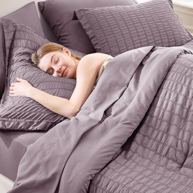 Oversized King Seersucker Comforter Set, Dusty Purple, 120 x 98 in | OEKO-TEX Certified, 7 Pieces Bed in a Bag with 240 GSM Down Alternative Comforter, Flat & Fitted Sheets, Pillowcases & Shams