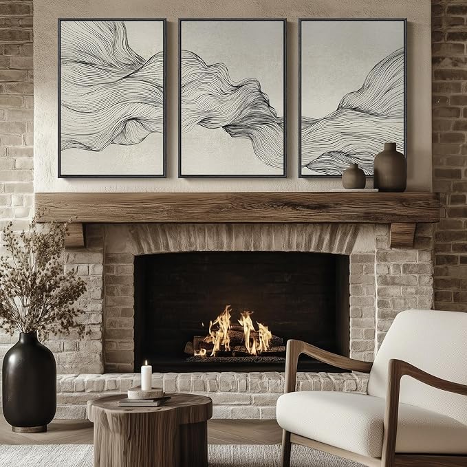 Large Framed Neutral Modern Abstract Wall Art for Living Room, 30x60 Inch | Set of 3 Abstract Artwork, Black Beige Canvas Prints, Modern Paintings, Minimalist Line Pictures, Hallway Office Wall Decor