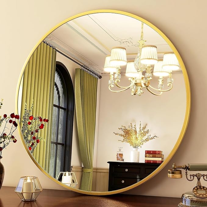 HARRITPURE 28" Round Mirror Gold Bathroom Circle Wall Mirror | Brushed Aluminum Alloy Frame Modern Decor for Living Room, Vanity, Bedroom, Entryway