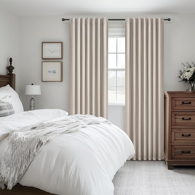 Grey Flax Taupe Hook Belt&Rod Pocket Curtains 84 inch Length 2 Panels Set, White Backing Thermal Living Room/Bedroom/Sliding Door Linen Blackout Curtain Window Boho Summer Drapes (50"Wx84"L)