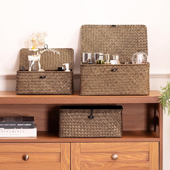 Nonam Small Basket with Lid, Natural Seagrass Bin with Lid, Shelf Baskets Multipurpose Container for Boho Decoration, Rectangular Household Storage Boxes for Home Organization-Coffee