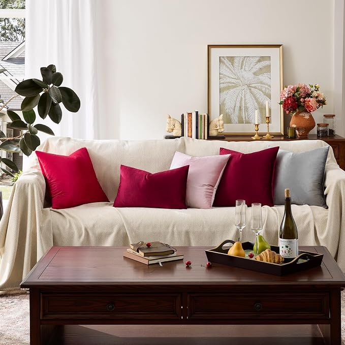 GIGIZAZA Burgundy Velvet Pillow Covers 16x16 Decorative Pillows Pack of 2 | Red Throw Pillows for Couch Sofa,280gsm Soft Textured Fabric,Modern Square Pillowcases,Luxury Cushion Covers