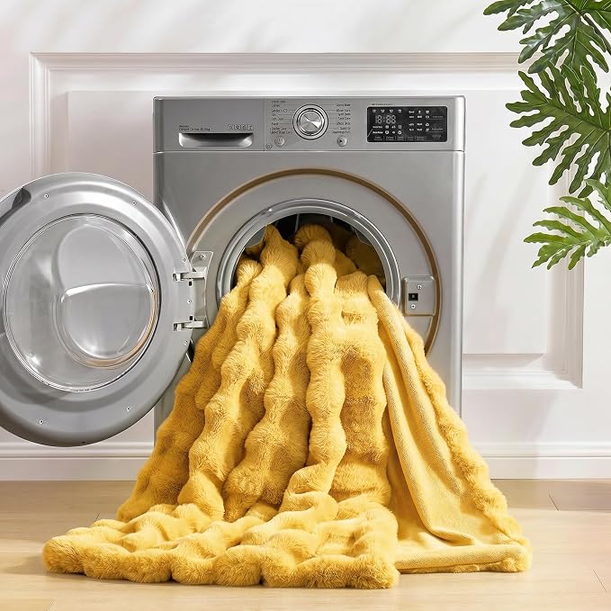Cozy Bliss Faux Fur Throw Blanket for Couch, Fuzzy Soft Plush Thick Bubble Blanket for Sofa Bedroom Living Room, 60 * 80 Inches Yellow