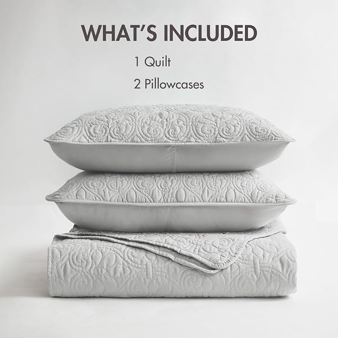 Madison Park Luxurious Cotton Damask Quilt Set, 3PC King/Cal King Bed Set | All Season, Lightweight Stitching Coverlet Bedspread Bedding Stitching with Shams, Grey