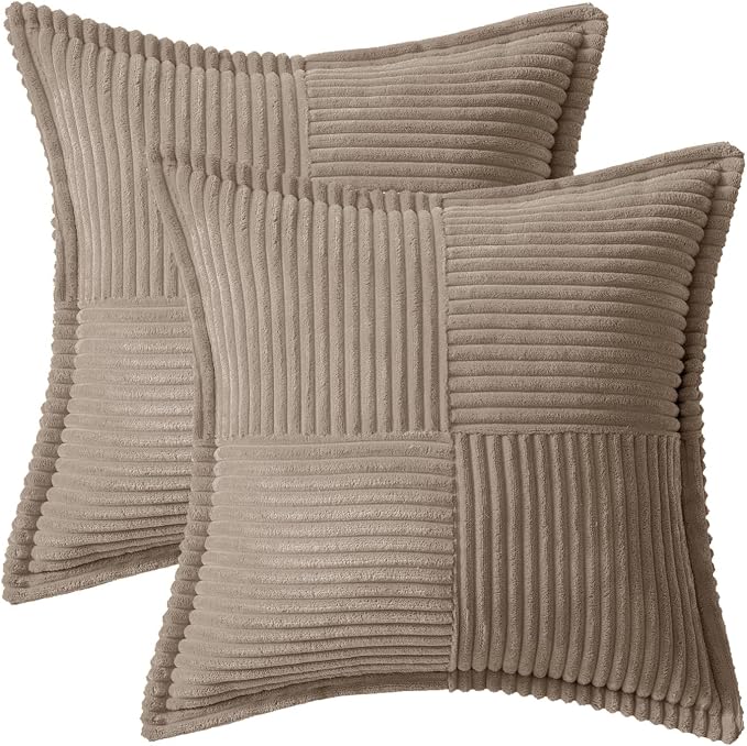 MIULEE Decorative Throw Pillow Covers for Couch 20x20 Inch Light Brown | 2 Pack, Boho Broadside Striped Patchwork Pillow Covers, Soft Corduroy Cushion Cases, For Sofa Bed Livingroom Home Decor
