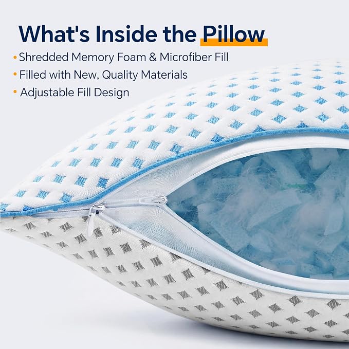 Queen Size Pillow 1 Pack for Sleeping, Cooling Adjustable Memory Foam Pillow, Dual Fill Design Helps Maintain Shape, Breathable Washable Cover