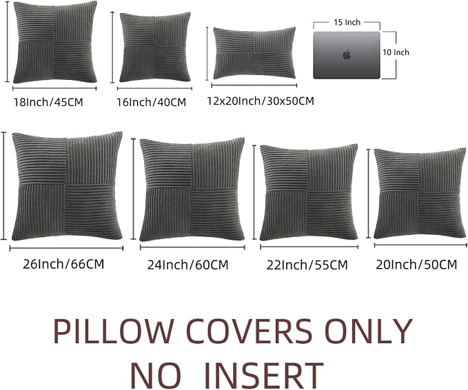 Fancy Homi 2 Packs Dark Gray Samll Decorative Throw Pillow Covers 12x12 Inch with for Couch Bed Sofa, Rustic Farmhouse Boho Home Decor, Soft Corss Patchwork Corduroy Square Cushion Case 30x30 cm