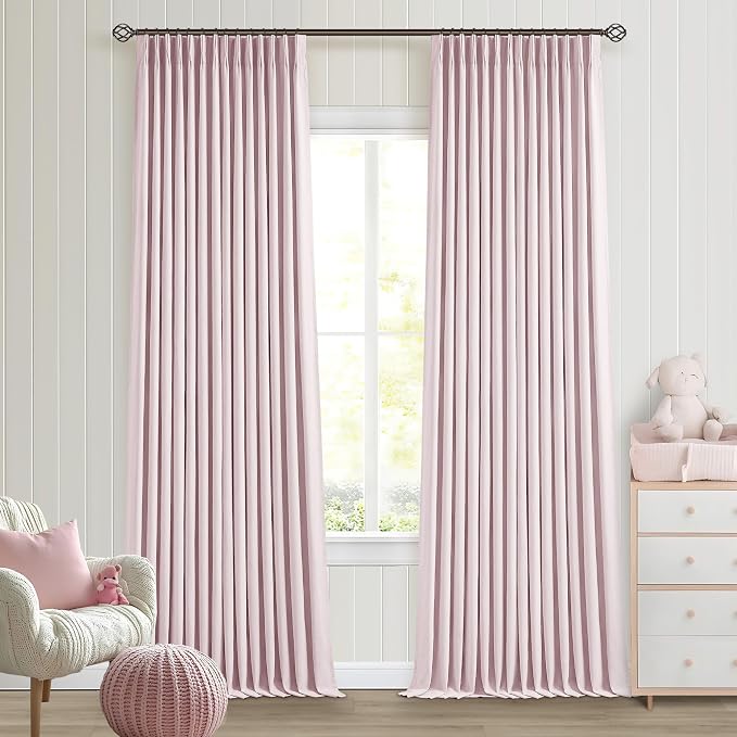 Light Pink Pinch Pleated Linen Blackout Curtains 90 Inches Long for Bedroom | 100% Black Out Thermal Insulated, Pinch Pleat with Ring Hooks Back Tab, Room Darkening Drapes with Liner, for Girls Nursery