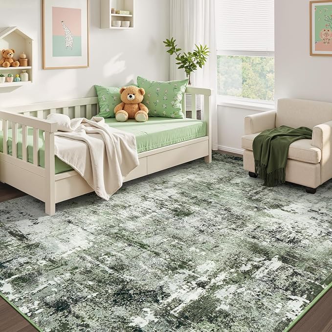 Rugflix 8x10 Area Rugs for Living Room, Washable Dark Green Large Rug | Machine Washable; Stain-Resistant; Low Pile; Non-Slip; Modern Abstract; Carpet for Bedroom Dining Office Nursery Home