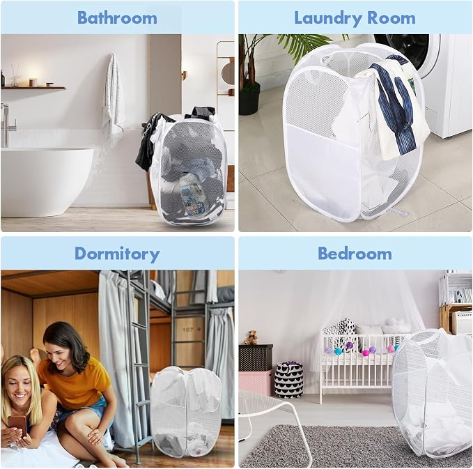 2 Pack Pop Up Laundry Hampers, 70 L Collapsible Foldable Mesh Basket, White | Reinforced handles, breathable fabric, foldable, portable for dorm college travel camping cruise, dirty clothes, toys storage