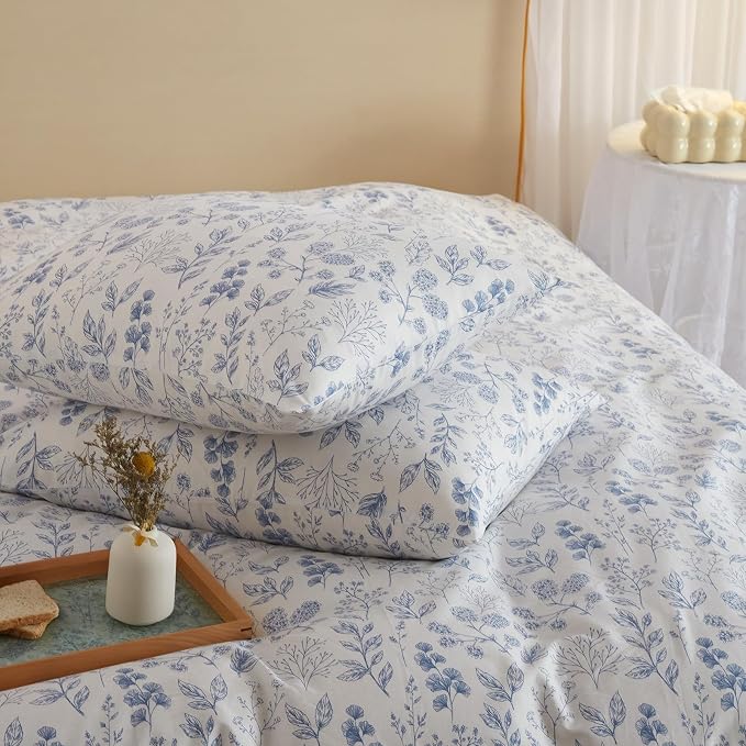 mixinni Blue Flowers Duvet Cover for Teenage Girls Twin XL Size Floral Leaf Printed Soft Cotton Floral Bedding Set with Zipper Closure 4 Corner Ties for Women-Twin XL Size