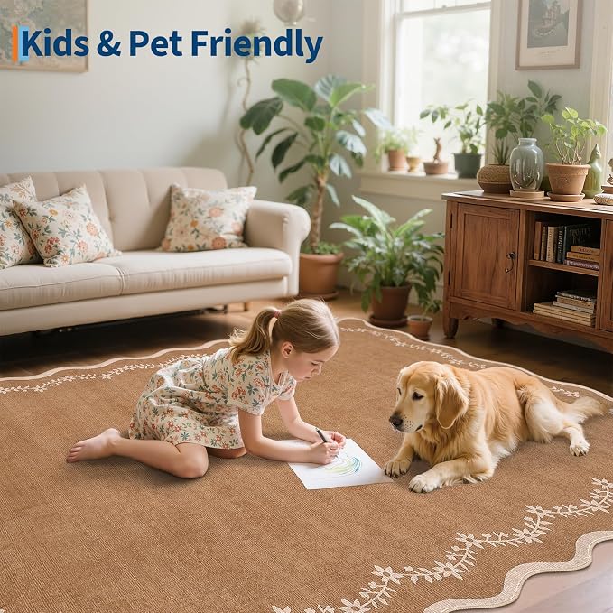 GarveeHome 6x9 Scalloped Area Rug Soft Washable Rug for Living Room Bedroom | Soft Brown Low Pile Non Slip Accent Floor Mat Solid Print Throw Rug Indoor Carpet for Dining Room Dorm Playroom