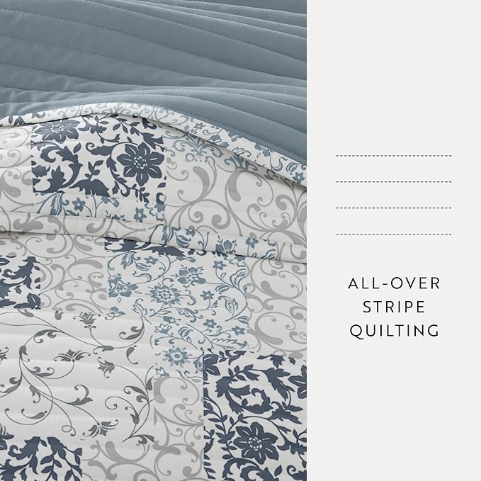 Merit Linens Soft Quilt Coverlet Bedding Set - Pattern/Solid Reversible - King/Cal-King Dusk Blue